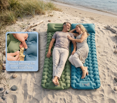 Par ligger på to sammenkoblede liggematter på stranden – smart festeløsning for turer med flere