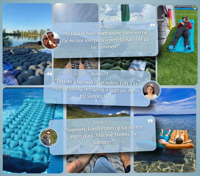 Bildekollasj med brukere av Norrdiva Eventyrmatte på strand, camping og badetur