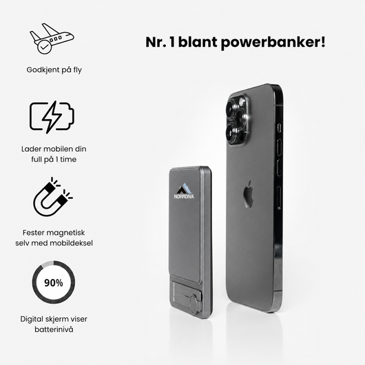 Powerbankens fordeler: godkjent på fly, fullader mobilen på én time, fester magnetisk og har digital batteriskjerm